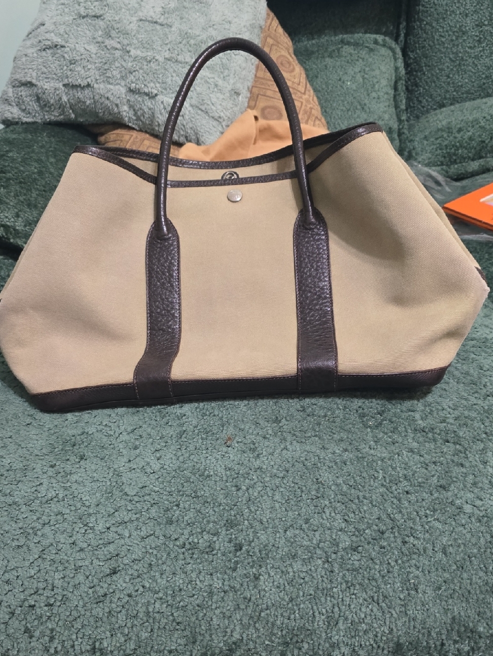 Hermes Garden Party Tote with  Dark Brown Leather Trim